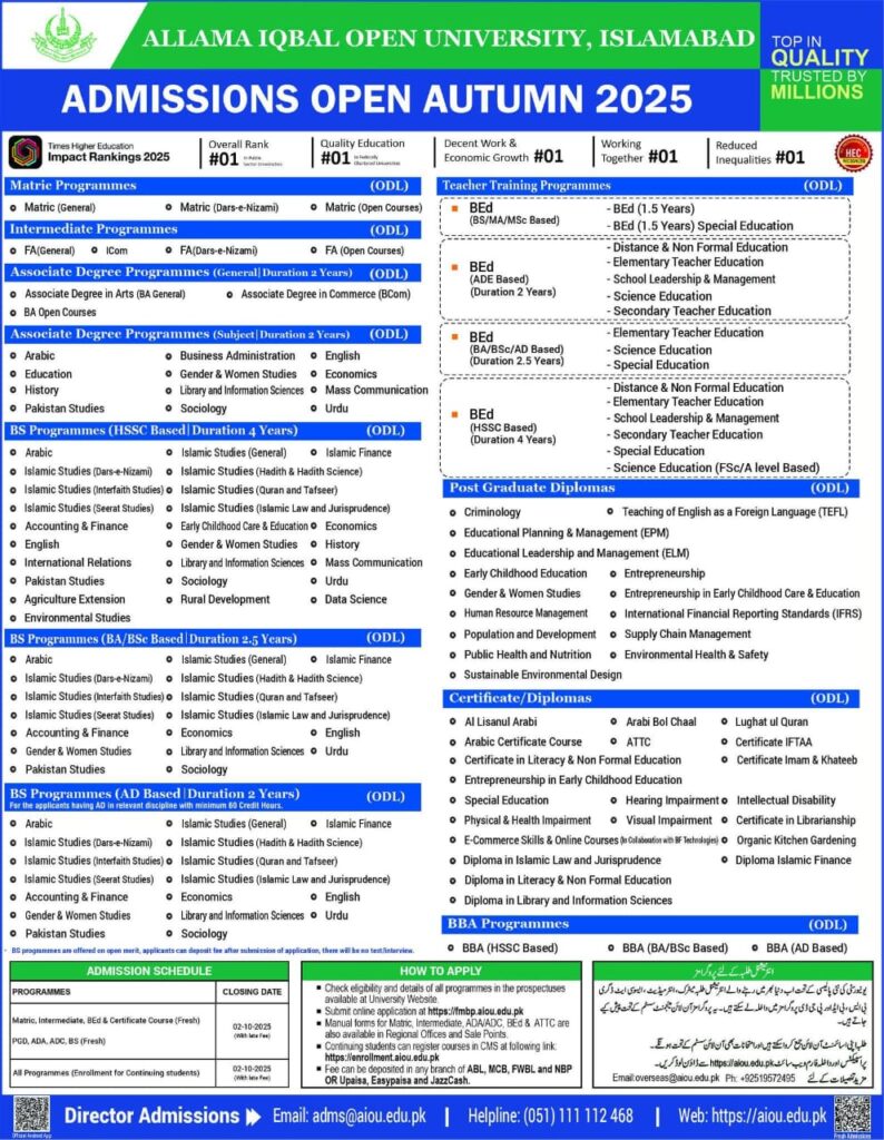 AIOU Allama Iqbal Open University Admissions Autumn 2025 AIOU Allama Iqbal Open University Admissions Autumn 2025