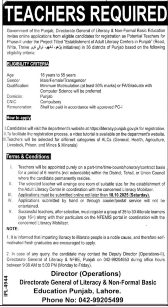 Teachers Required, Govt. Punjab Literacy Centers Teachers Required, Govt. Punjab Literacy Centers