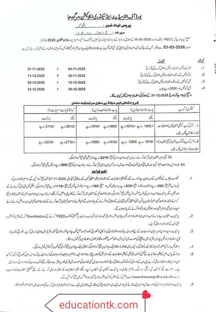 BISE Sargodha SSC Exam 2026 Form Submission BISE Sargodha SSC Exam 2026 Form Submission no