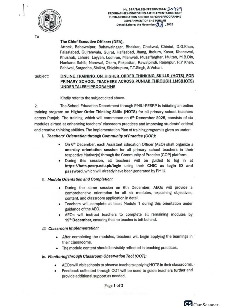 Online training on Higher Order thinking Skills for PSTs